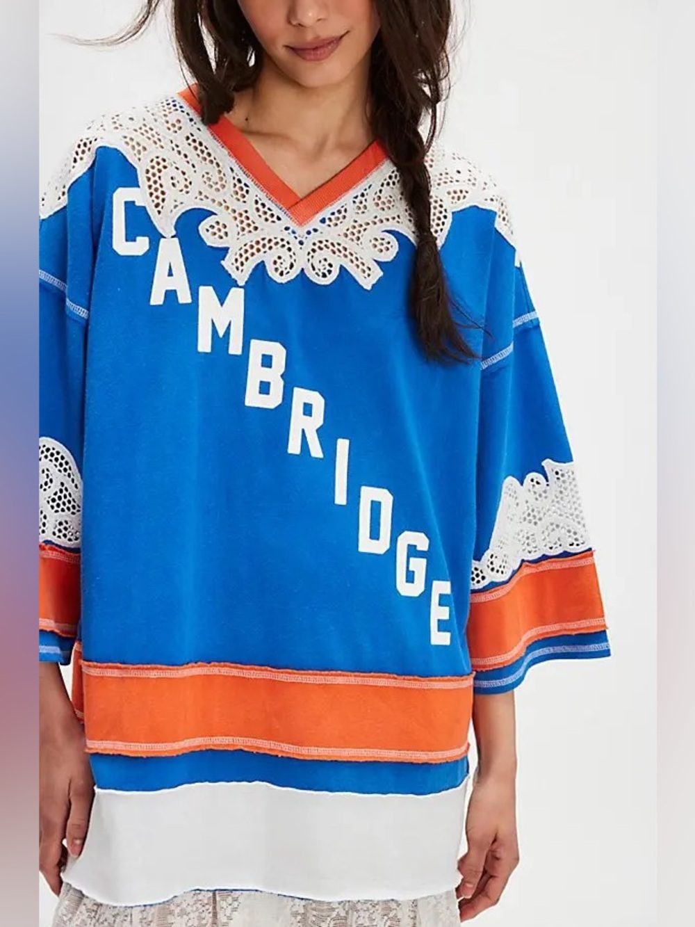 We The Free Blue and Orange Cambridge Lace-Accent Jersey Top
